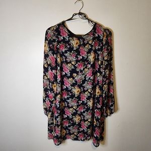 Navy Floral Boho Chiffon Tunic Dress Sheer long-sleeved XL